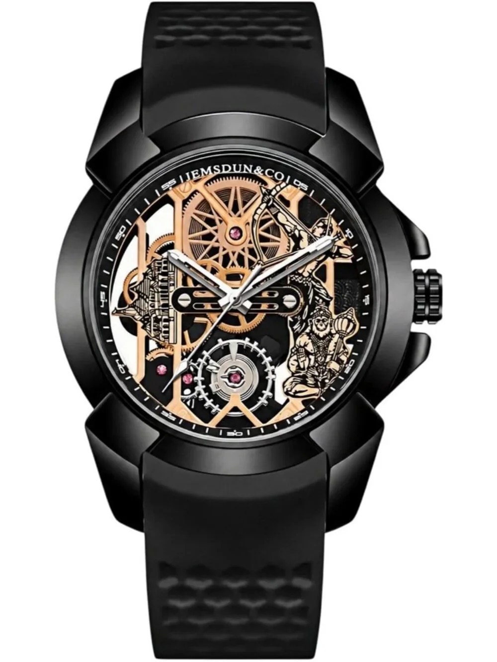 Men's Black Skeleton Luminous Quartz Silicone Strap Round Hollow Dial Watch